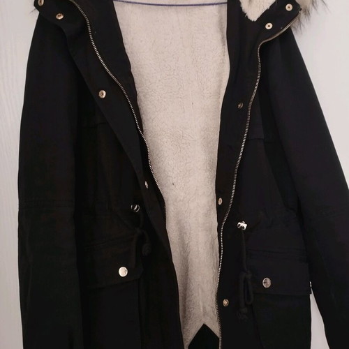 H&M parka jacket used black with fur lining, size S