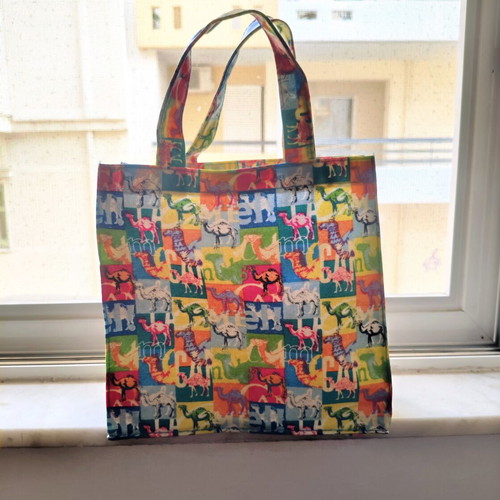 Camel Tote Bag used, handmade cotton-pvc with colorful design
