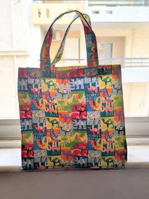 Camel Tote Bag used, handmade cotton-pvc with colorful design