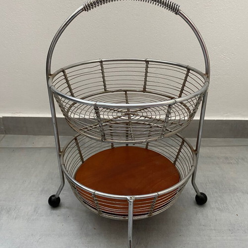 Wooden and metal two levels fruit basket used with handle and legs