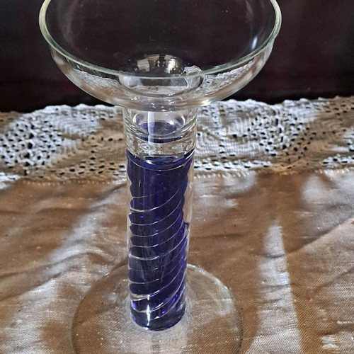 Glass candlestick vintage with distinctive blue twisted detail