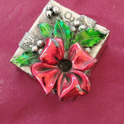 Decorative silver-plated box with red enamel flower and green leaves new