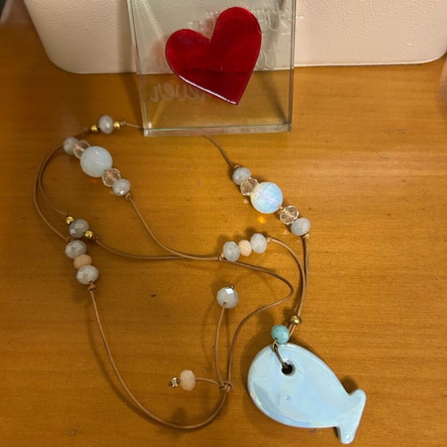 Fish Necklace 50 cm with pearl earrings and ring, new