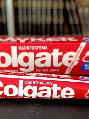 Colgate toothpaste used, old packaging from 1980s
