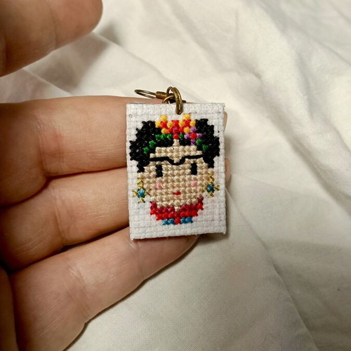 Handmade earrings and brooch Frida cross-stitch embroidery like new