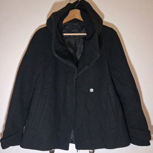 Zara Basic Black Coat with Large Hood Size M like new