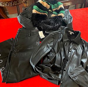 Leather lovers ,πακετάκι παντελόνι,πουκάμισο και perfecto jacket + ΔΩΡΟ γούνινος γιακάς River Island.