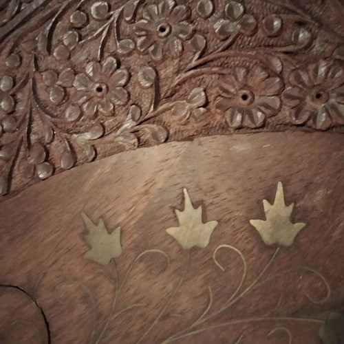 Carved wooden tray used with brass inlay