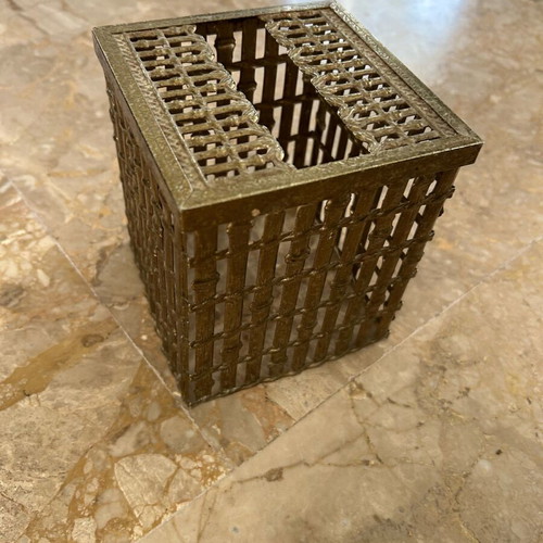 Tissue box holder used, metal, gold, stainless steel, vintage