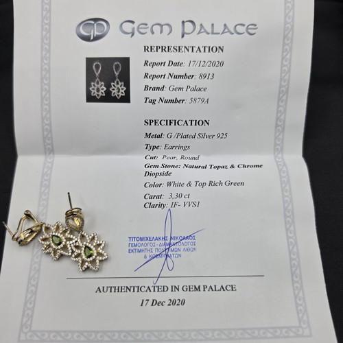 Gem Palace earrings like new, natural Chrome Diopside & White Topaz