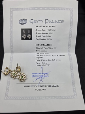 Gem Palace earrings like new, natural Chrome Diopside & White Topaz