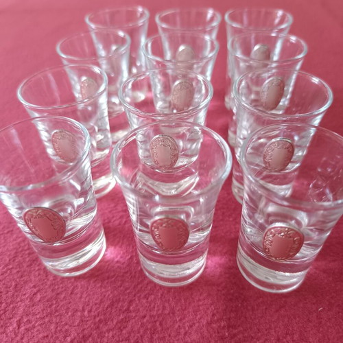 Liqueur decanter and 12 glasses crystal with silver decoration like new