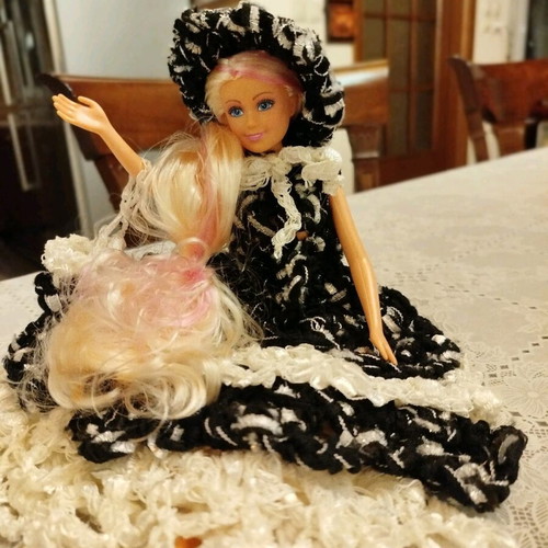 Doll with handmade dress, hat and bag, new