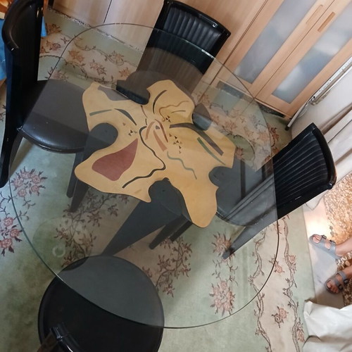 Crystal Design Dining Table like new with 4 black leather chairs gift
