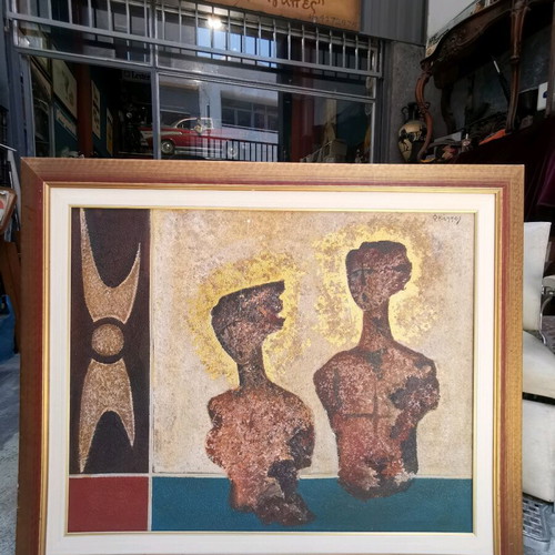 Signed painting by F. Kappos used, modern abstract artwork with two figures