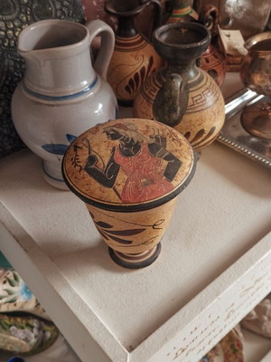 Handmade Pythagoras cup used, ceramic with Zeus and Artemis