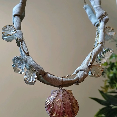 Handmade necklace like new with fabric braid and steel chain