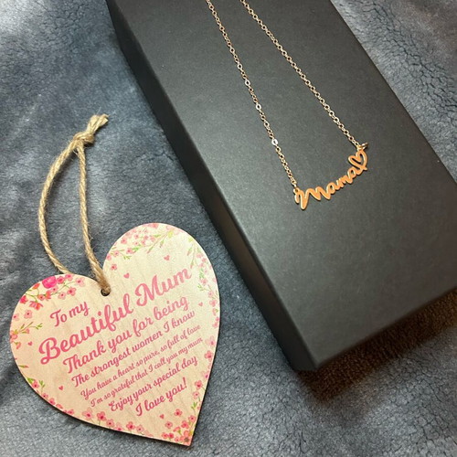 Gift set for mom new, gold necklace and wooden heart
