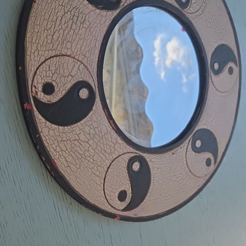 Wooden mirror with Ying & Yang design, used, diameter 40 cm