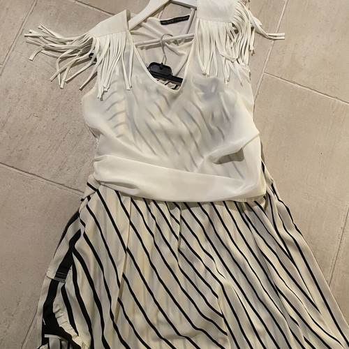 Zara white blouse with shoulder fringes, size L