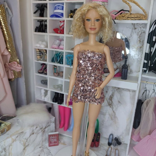 Barbie Curly Hair OOAK used with handmade pink gold dress