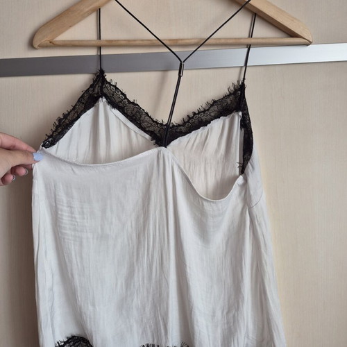 Stradivarius Satin Cami Top used, white with black lace, size M