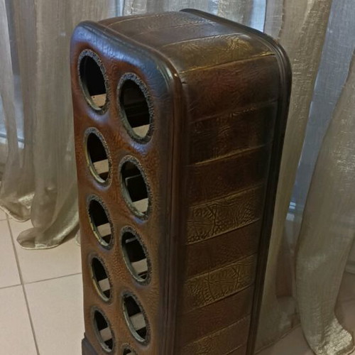 Handmade drinks cabinet used, for 10 bottles, leather and wood