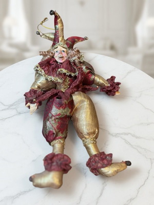 Vintage Jester Doll διακοσμητικό αρλεκίνος κόκκινο-χρυσό με κουδουνάκια σαν καινούργιο