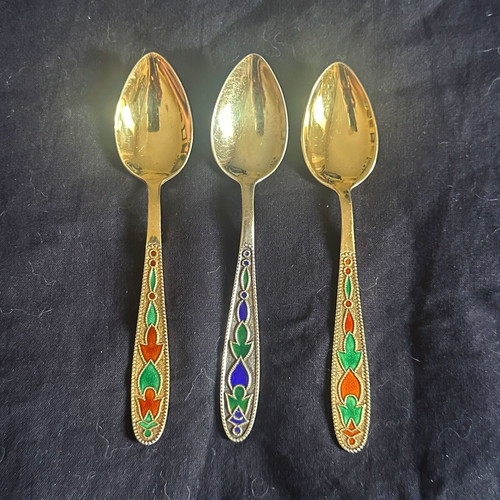 Set of 3 Soviet Silver 875 Spoons with Enamel