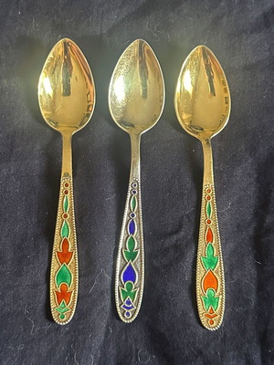 Set of 3 Soviet Silver 875 Spoons with Enamel