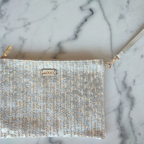 Doca Straw Women's Envelope Bag new, silver with animal print
