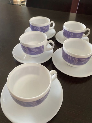 Coffee set new, 5 cups with saucers white with purple design