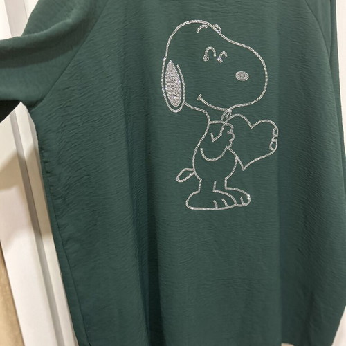Maxi oversize blouse tunic with Snoopy print, dark green