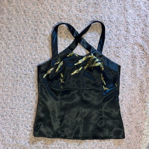 Satin top new with lace and gold details, size L