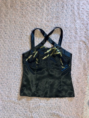 Satin top new with lace and gold details, size L