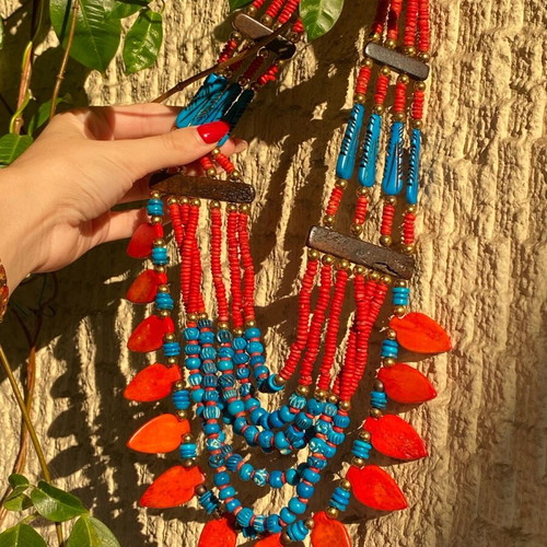 Handmade long necklace, orange and turquoise