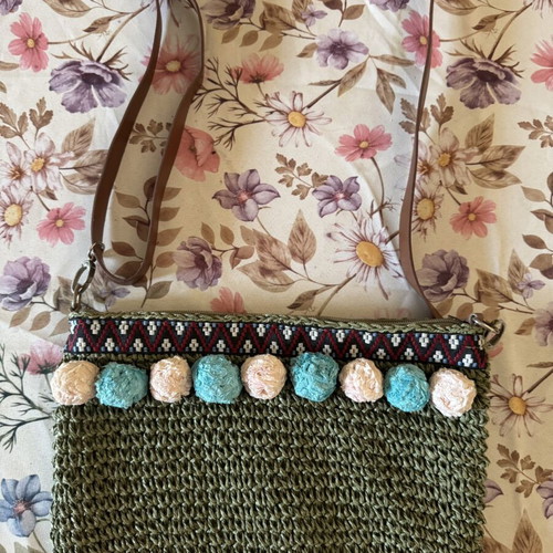 Handmade shoulder bag like new, green khaki with fabric pom-poms