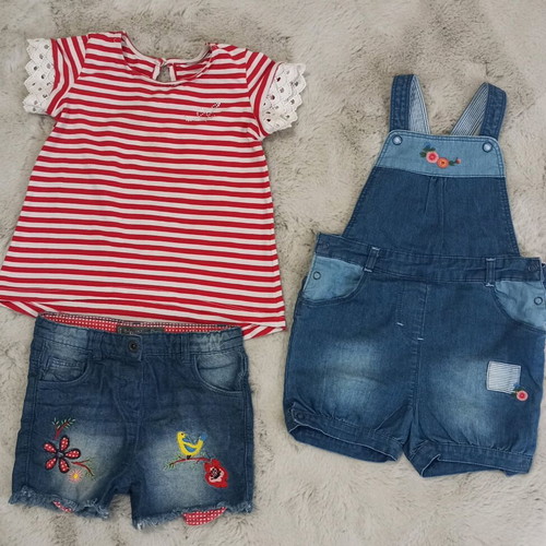 Denim shorts, salopette and t-shirt set like new, 3 pieces