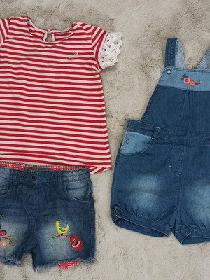 Denim shorts, salopette and t-shirt set like new, 3 pieces