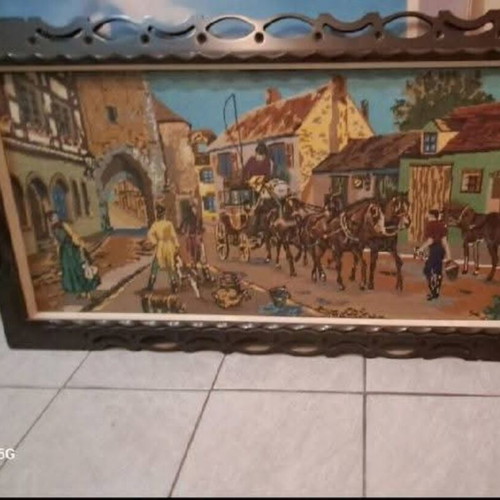 Embroidered painting with glass, 19th century France, used