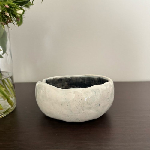 Handmade ceramic noodle bowl in dark blue and cream, new