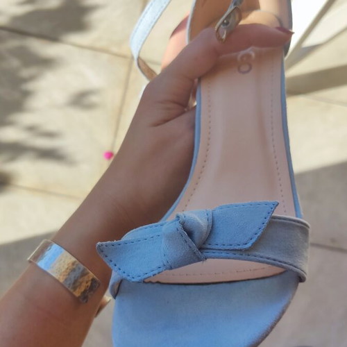GoGo Shoes blue castor sandals with removable bow and block heel