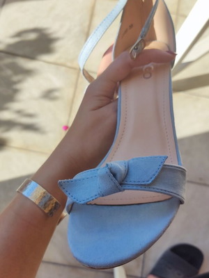 GoGo Shoes blue castor sandals with removable bow and block heel