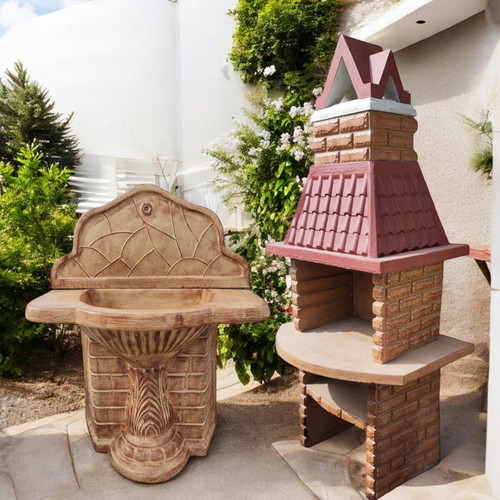 Jaklin garden set barbecue and concrete fountain beige with brown