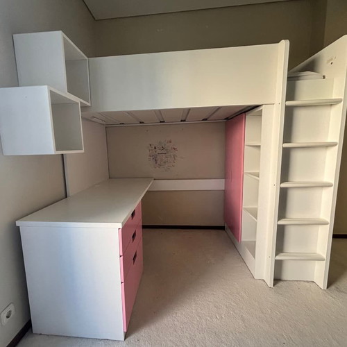 IKEA STUVA loft bed 90x200 with desk, wardrobe & drawers, white-pink