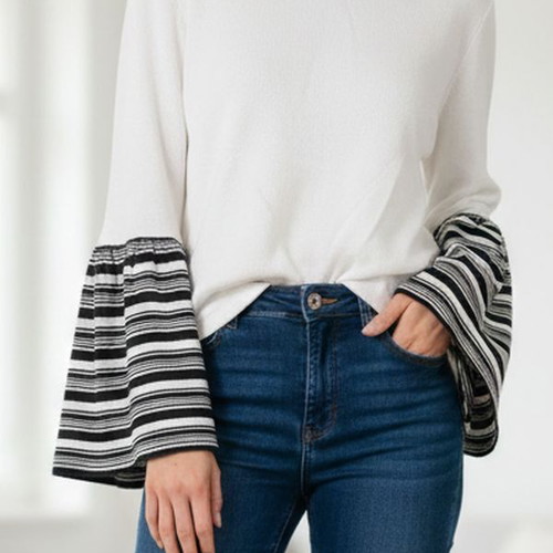 White knitted Helmi blouse with bell sleeves, size L, like new