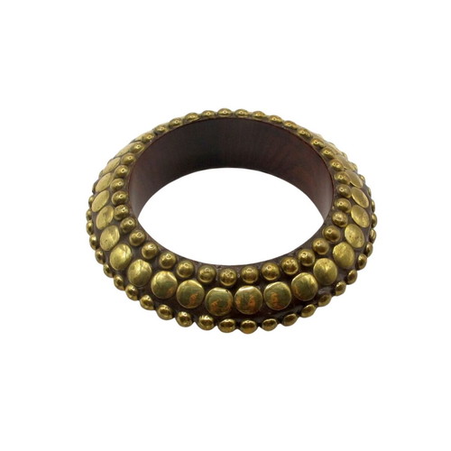 Vintage wooden bracelet with brass metal caps boho style like new