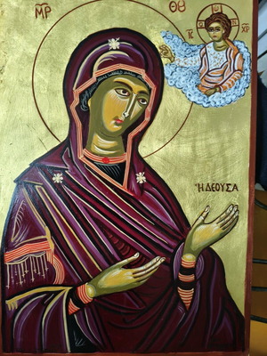 Handmade icon The Deousa new, Mount Athos style with gold leaf