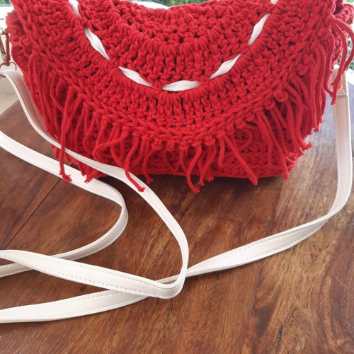 Boho crossbody bag red handmade with fringe and knitted material