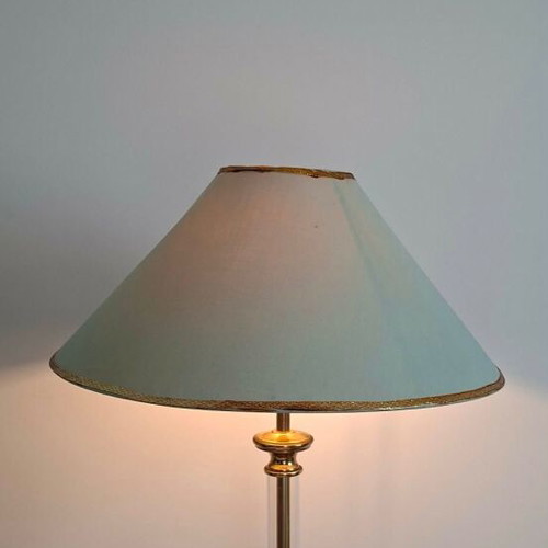 Table lamp used, 1960s plexiglass with fabric shade Hollywood Regency style
